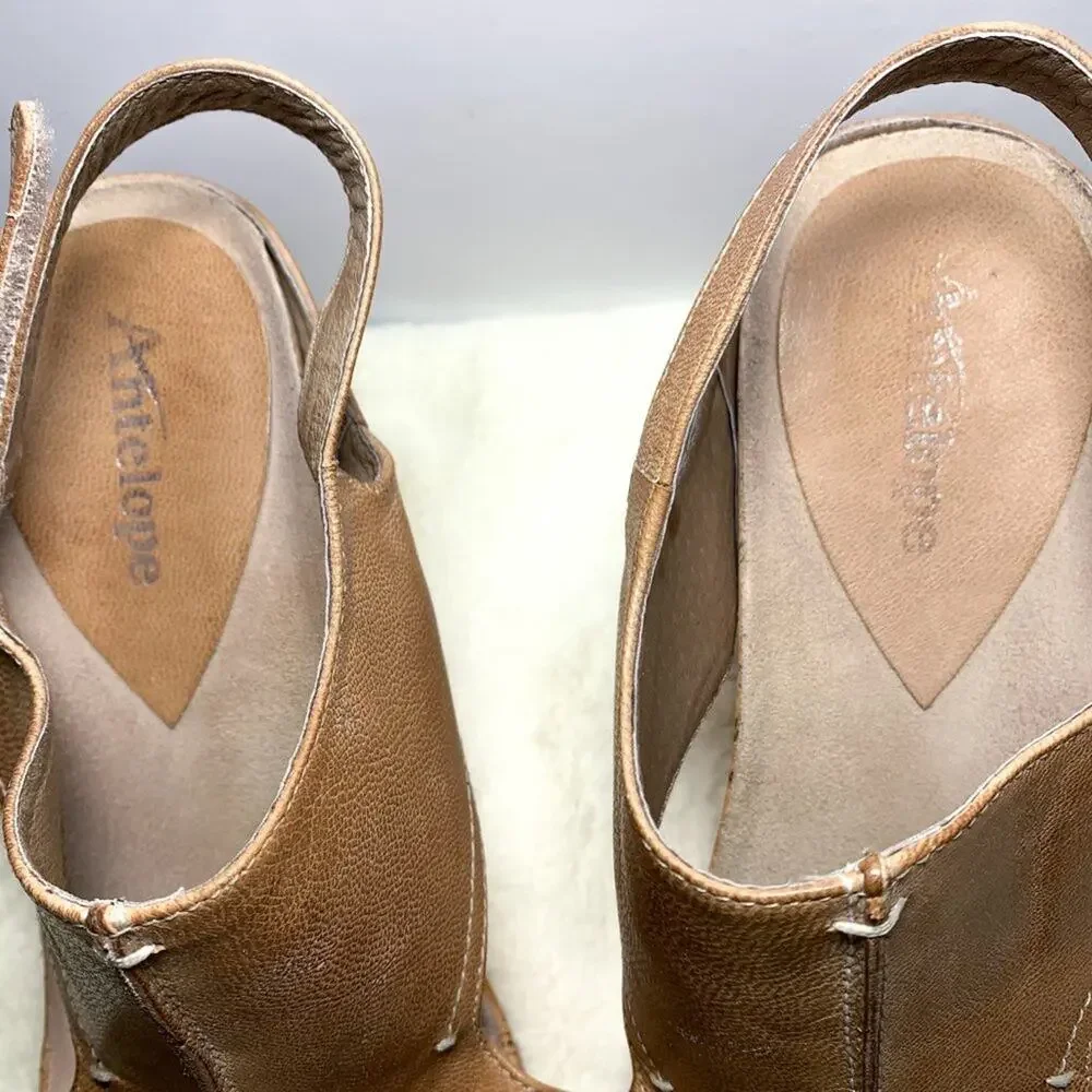 ANTELOPE 724 Hi Brush Leather Zip Wedge Cork Sandals in Tan Size 40